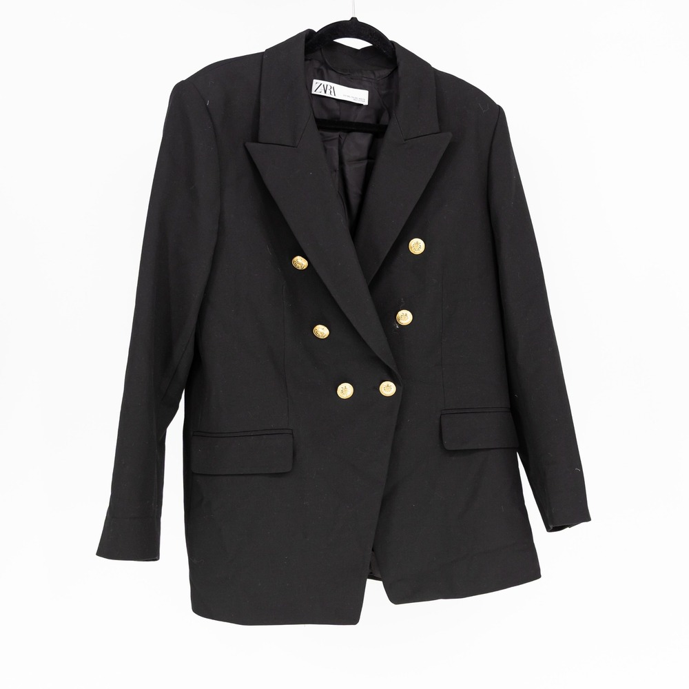 Zara Women's Gold Button Double Breasted Structured Blazer Jacket Black XXL